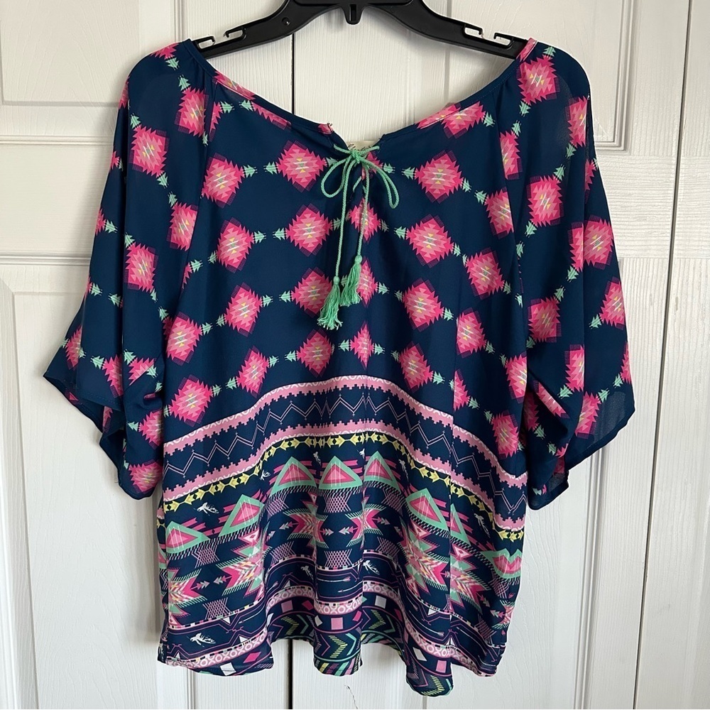 Liberty Love Womens Top Blue Aztec Print Top Tasseled Boho Hippie Festival - Picture 2 of 12